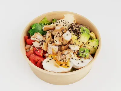 Poke bowl lunch with eggs chicken avocado tomatoes rice chuka  3D model