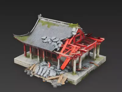 Ruined Traditional Chinese Temple Hall 3D Model Low-poly 3D model