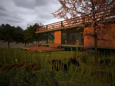 SHALLE house with grass and trees at night 3D model