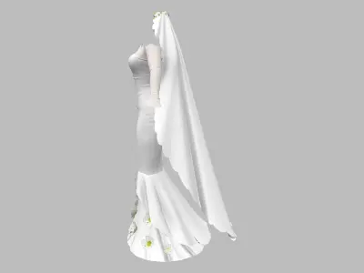 Wedding Dress With Long Veil Cape Umbrella Accessory Low-poly 3D model