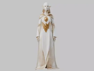 Priestess 3D Model Woman Statue White Gold Dress Low-poly 3D model