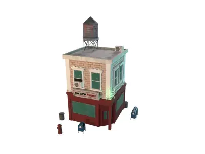 Stylized city burger cafe restaurant house game ready PBR Low-poly 3D model