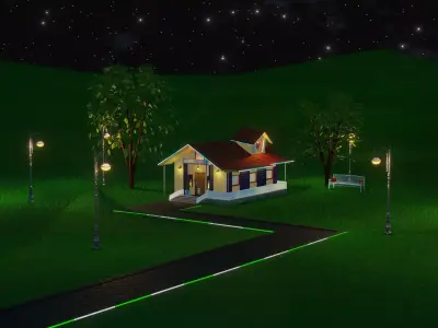 House at night with a starry sky landscape 3D model