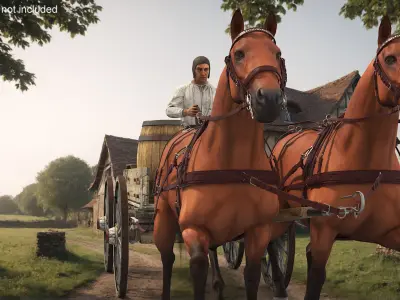  Medieval Peasant with Wagon and Horses 