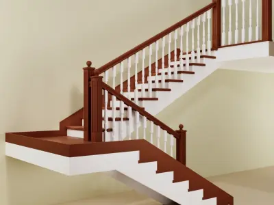 Ladder staircase with wooden treads and railings 3D model