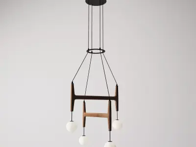 Wooden H Structure 4 Globe Pendant Light Model 3D model