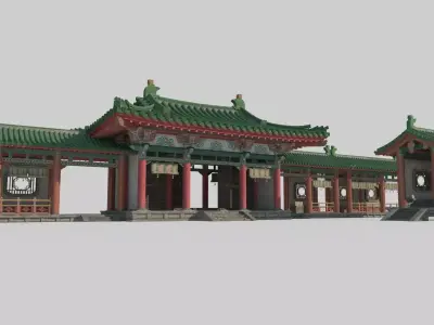 Ancient Asian architectural gatehouses and corridors 3D model