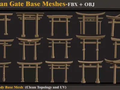 15 Asian Gate Base Meshes- FBX -OBJ  3D model