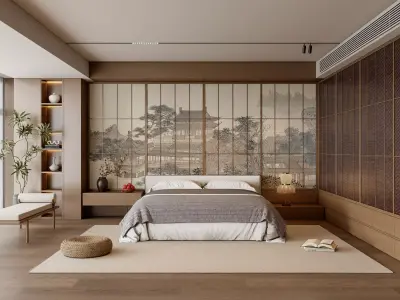 Modern Oriental Bedroom with Wall Art 723 3D model