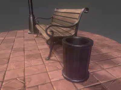 Park bench plus lantern and garbage bin Low-poly 3D model