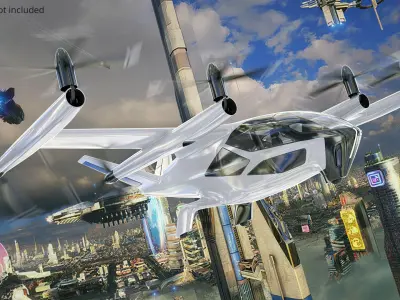  Futuristic eVTOL Aircraft with Urban Design Light On White Rigged for Cinema 4D 