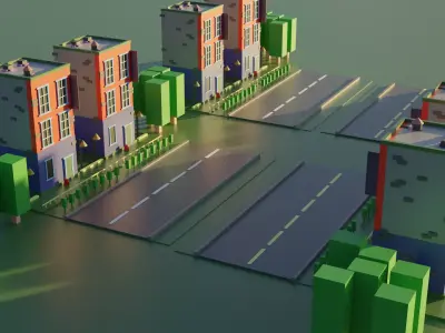 Low Poly Street city with buildings and roads Free 3D model