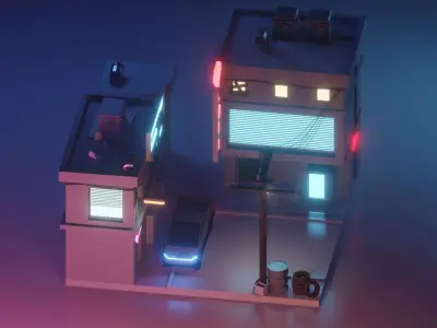Cyberpunk city 3D street under a lamp in the evening Low-poly 3D model