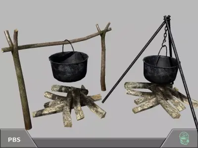 Bonfire two pots and fire pit Low-poly 3D model