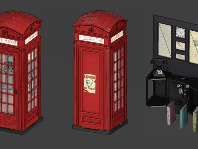 Telephone Booth Lowpoly PBR with Animated Door Low-poly 3D model