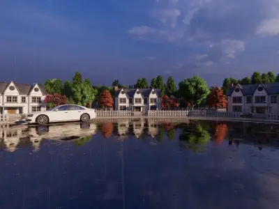 3D Neighborhood Model 4 village with houses and pond 3D model