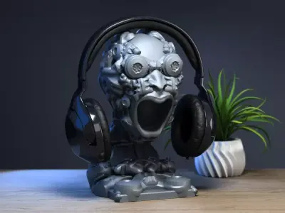 Robot Skull Headphone Stand Cyborg Headset Stand 3D print model 6