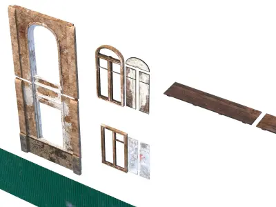  Wall with windows and fence of an old house Low-poly 3D model Low-poly 3D model