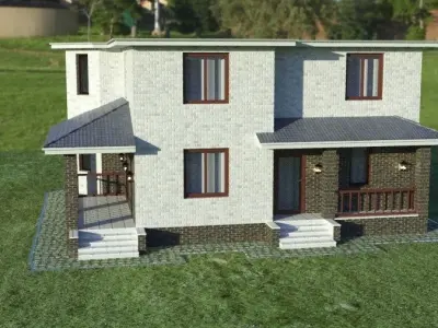 cottage two story house on grassy field 3D model