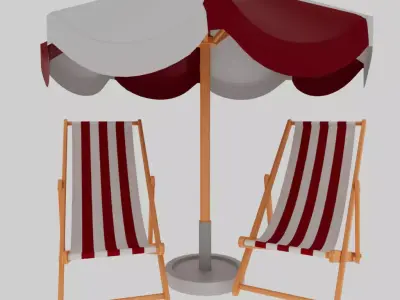 umbrella and Striped Deck Chair Low-poly 3D model