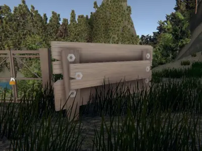 Wooden fences with door and a low poly chair Low-poly 3D model