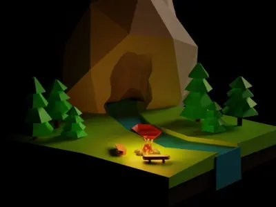 Low Poly Forest camping with campfire and trees Free 3D model