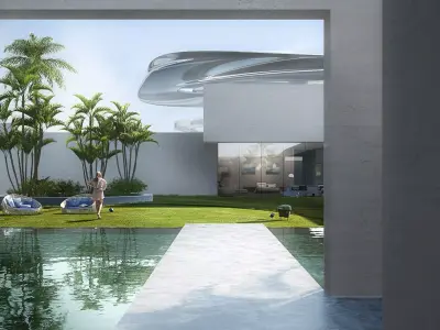 Futuristic Courtyard Villa with Pool and Lawn 3D model