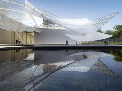 Sculptural Glass Landmark Pavilion on Reflective Water 3D model