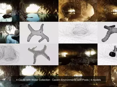 4 Caves with Water Collection - Cavern Environments with Pools 3D Model Pack