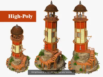 red submarine Old lighthouse on a rock wild west high-poly 3D Model Pack