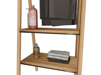 Wooden Bathroom Ladder Shelf with Towel Bar 3D model