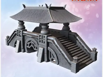 Covered stone bridge with Asian-style roof wide staircases decor 3D print model