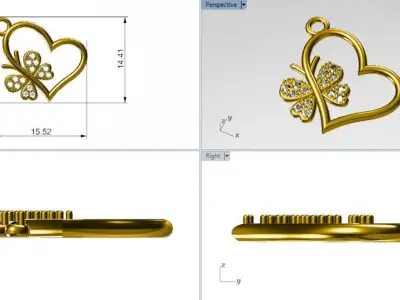 diamond studded butterfly heart pendant  3D print model