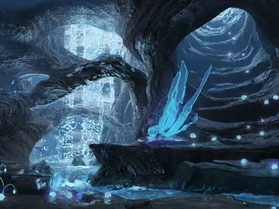 Magic night cave  waterfall energy flower and shells 3D model