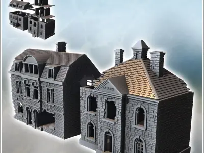 Set of Two Ruined Norman Village Buildings 3 - World War Two Sec 3D print model