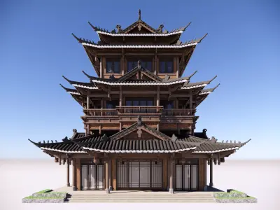 Traditional Chinese Wooden Pagoda Tower    Low-poly 3D model