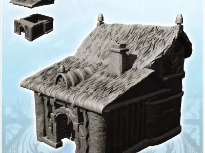 Traditional hut with thatched roof and rounded balcony 3 - Medie 3D print model