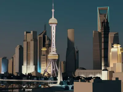 Shanghai Pudong Skyline Night Lujiazui Skyscrapers Low-poly 3D model