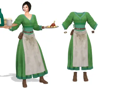Medieval Green Tavern Waitress Outfit Low-poly 3D model