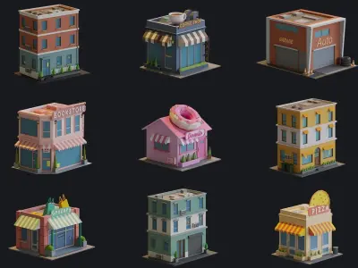 Cartoon Houses and Buildings Low-poly 3D model