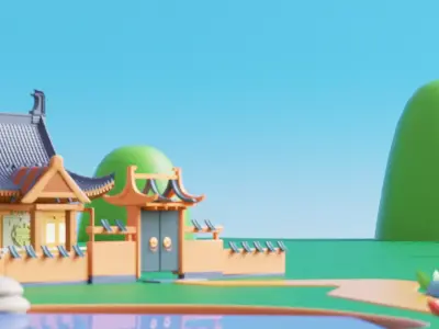 cartoon chinese style courtyard scene 3D model