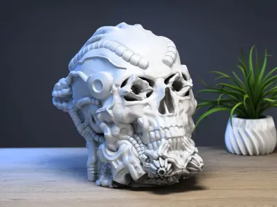 Robot Skull Headphone Stand Cyborg Headset Stand 3D print model 5
