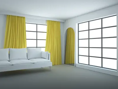 Living room with wide windows sofa arch mirror and curtains 3D model