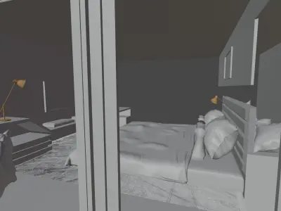 Bedroom with wooden floors and bed 3D model