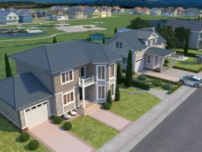 Suburban residential scene  villa  house Low-poly 3D model