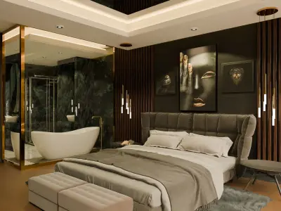 BedRoom vs Bath Interior with view to Lake 3D model