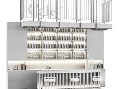 Cafe03 bar with shelves and railings Low-poly 3D model