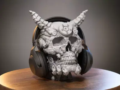 Skull dragon Headphone Stand Cyborg skull dragon Headset Stand 3D print model