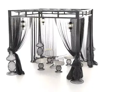 Patio Set with Curtains and Hanging Lanterns 3D model