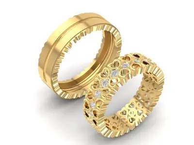 Openwork Heart Pattern Wedding Band Set for Couples 792 3D print model